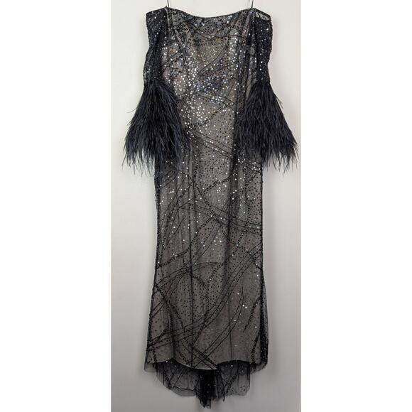 Teri Jon Rickie Freeman Sequin Overlay Formal Dress w/ Feathers Black 4 - Picture 3 of 14
